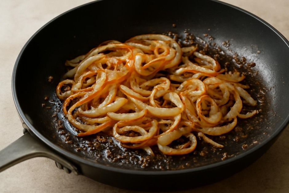 Close-up of golden browned onions and browned fond in a skillet