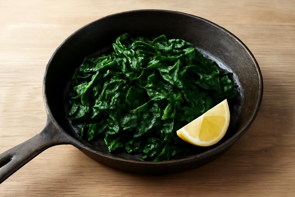 Pan with cooked leafy greens and lemon wedge